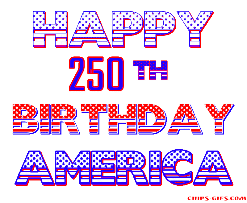  Bold red white and blue type that spells out 'Happy 250th birthday America' on a transparent background