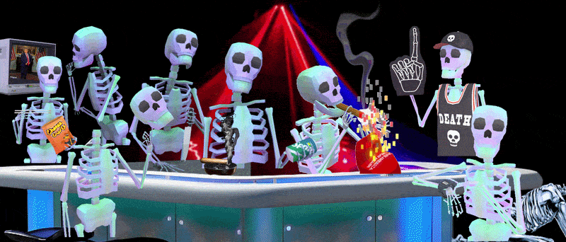  An animation of a bunch of skeleton standing around doing different things overwritten with the header that says 'waiting for the 5000 dollar check'