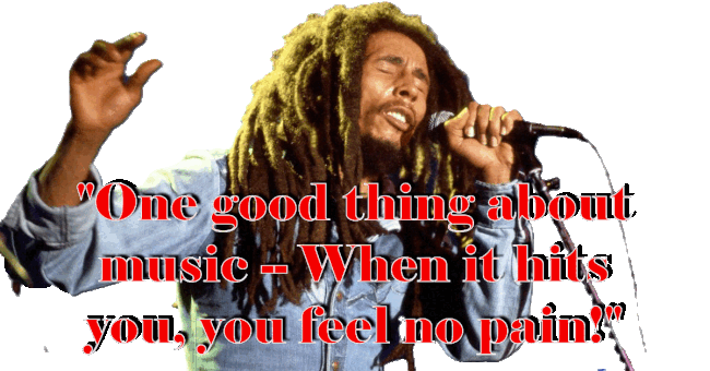  An image of Bob Marley singing flashes in red yellow and green with Some of the lyrics from one of his songs