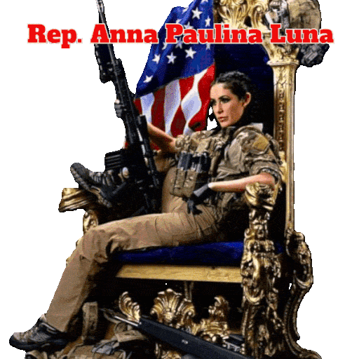Anna Paulina Luna sitting on a throne in combat fatigues holding an AK-47 She gives a peace sign then winks and gives the middle finger As she turns into a Russian soldier in Different uniforms The caption at the bottom says 'Russian asset'
