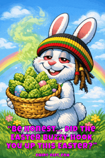 a cartoon Easter Bunny with red, bloodshot eyes holding a basket filled with green buds, standing in a bright Easter setting as animated holiday themed text appears over the scene