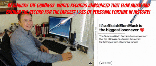 Elon Musk is sitting in a chair flipping everyone off He wins the Guinness World Book of Records for losing the most money of in history while rockets Crash all around him