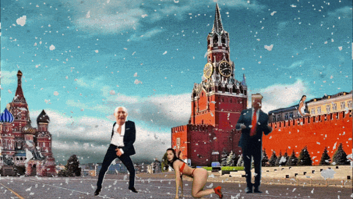 an Anti Trump animated depiction of Donald Trump and Putin dancing in the streets with a bunch of strippers in front of the Kremlin
