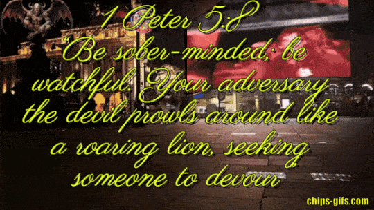 A lion walks towards the viewer on a city street at night,the bible verse 1 Peter 5:8 warns us to be alert and resist the devil