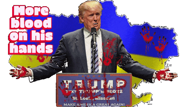  A depiction of Standing at a podium in front of a map of Ukraine there's bloody handprints on the map and the podium has help written on it Blood Blood is dripping from his hands