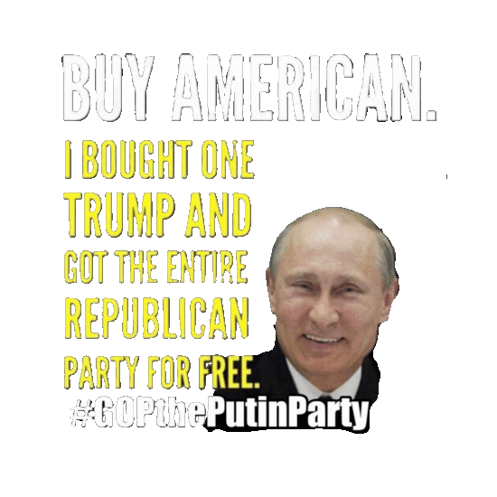 An image of Putin laughing the flashing heading In Bright colors It's dark humor inferring he bought Trump and he got the whole Republican Party for free
