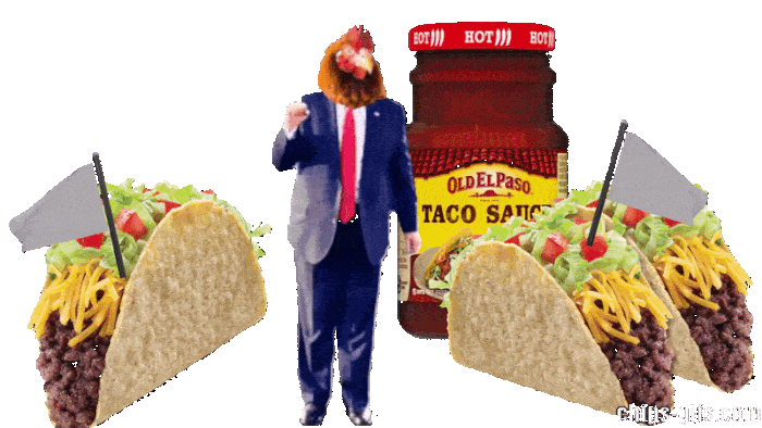 chicken headed Trump's Dancing Surrounded by tacos and a jar of Taco sauce Bold type spells out 'Taco Tuesday' On a transparent background