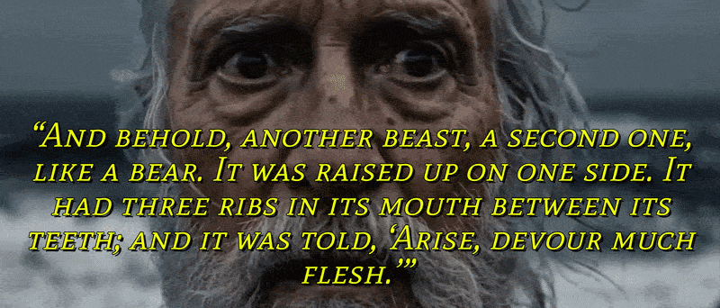 Daniel's vision of a Bear with Rib bones in his mouth rises from the water