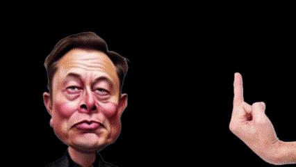  An animated caricature of Elon Musk with someone flipping him Both middle fingers and saying the same thing he did