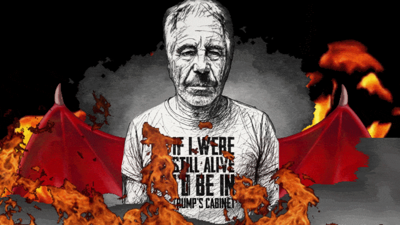  An animated GIF Showing Jeffrey Epstein with Devil standing in smoke with the T shirt on that reads 'if I were still alive I'd be in Trump's cabinet' on a transparent background