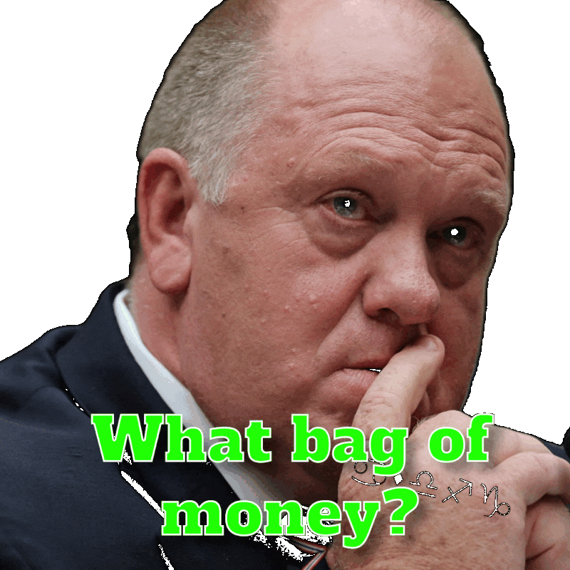  Tom Holman sits with a bag full of money and money raining down around him As he winks at the viewer Big bold animated type overlays the scene It says what money