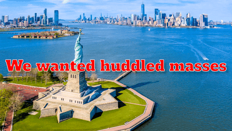 Alternating Images of ice agents and immigrant Crowds being naturalized With alternating Headings of, we wanted huddled masses not hooded asses