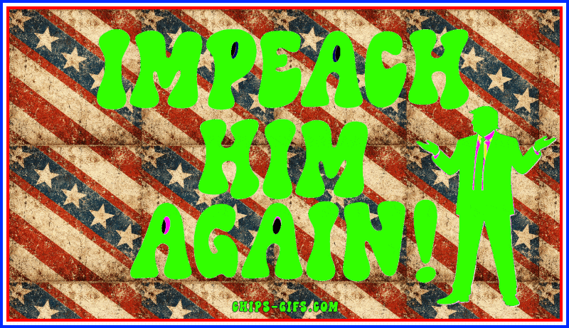 a looping animation with a red, white, and blue star‑patterned background that changes each frame, featuring bold neon‑colored text in the center that says 'impeach him again' and trump's silhouetted figure beside it cycling through shrugging and looking‑back‑and‑forth gestures, all rendered on a transparent background