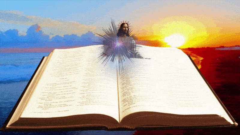 John 1:14 - The Word became flesh and dwelt among us It's spelled out over top of images of Jesus appearing from a Bible and Walking toward the viewer With the beautiful beach and sunset in the background