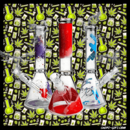 Three bongs Change colors and Angels made of smoke come out of them on a background that continuously changing to different weed patterns with metallic looking tight that 'keep calm and hit the bong'