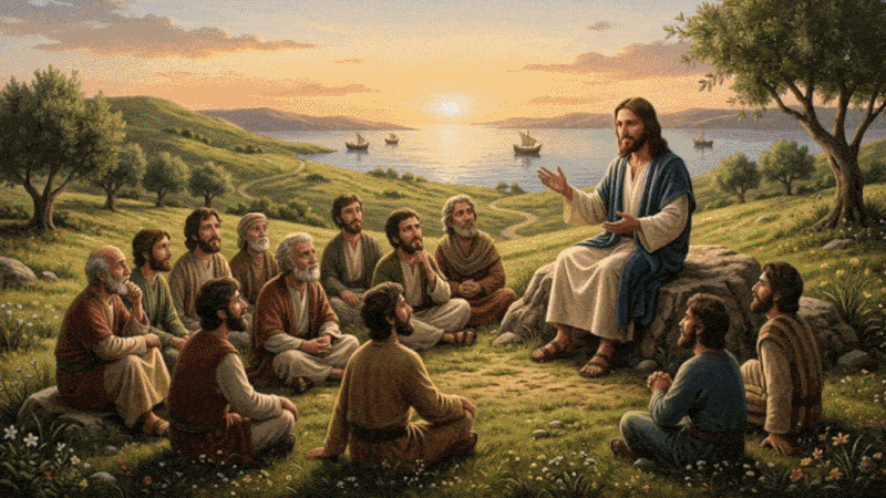  A Bible verse gif of Luke 6:20 'Blessed are you who are poor, for yours is the kingdom of God' In animated type overlaid On top of images of Jesus Speaking with his disciples after the sermon on the mount As the sun sets in the distance and the stars begin to come out