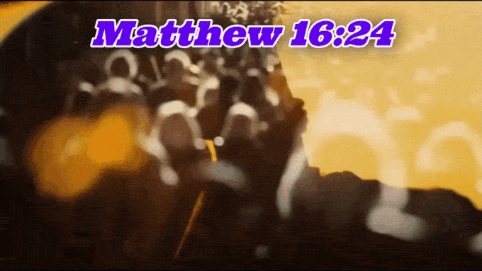 Silhouette of Jesus carrying the cross filled with a moving crowd of people that fades into a sunset scene of Jesus standing on a mountain with the verse pulsing in purple for Matthew 16:24