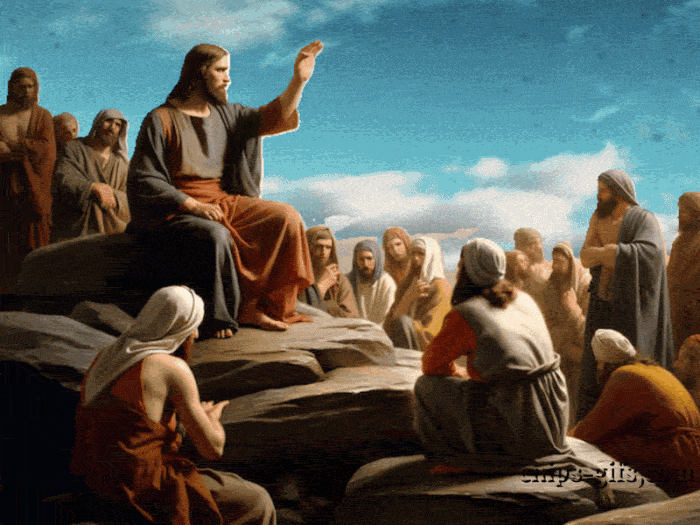  A Bible verse gif of Matthew 5:11 'Blessed are you when people insult you, persecute you and falsely say all kinds of evil against you because of me' Overlaid On top of images of Jesus preaching the sermon on the mount