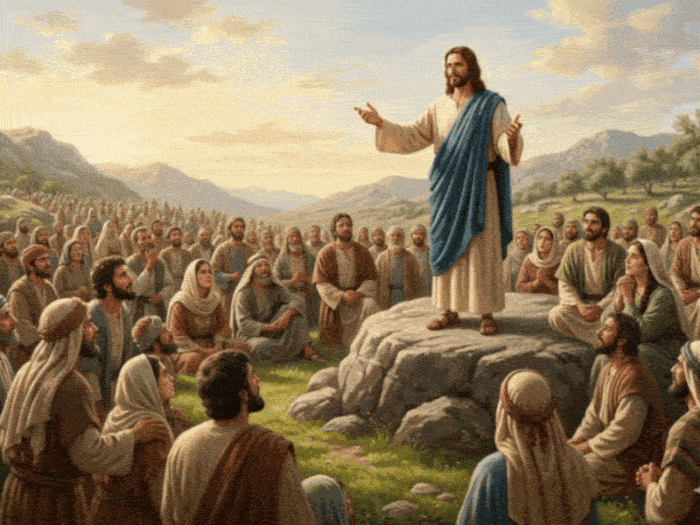 Animated GIF of the inspirational Bible verse 'Blessed are the meek, for they shall inherit the earth' - Matthew 5:6 with a depiction of Jesus preaching the sermon on the mount and a humble person receiving blessings.