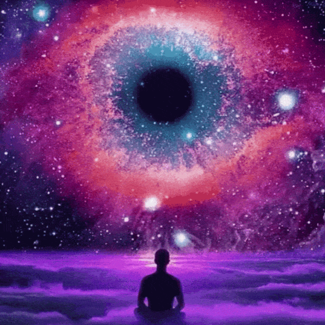  A Bible verse gif of Matthew 5:8 'Blessed are the pure in heart For they shall see God' Overlaid On top of a man sitting in the clouds looking at the eye of God in outer space