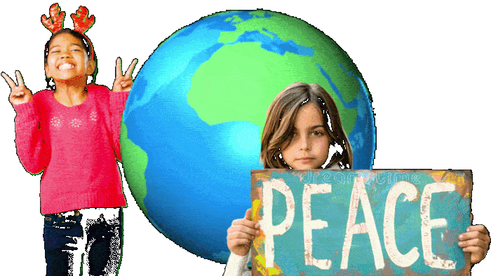  A Bible verse gif of Matthew 5:9 'Blessed are the peacemakers, for they shall be called children of God' In animated type Overlaid On top of  Images of children standing around a spinning globe giving the peace sign