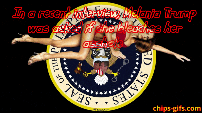 melania TrumP laying across the preidential seal in a bikini overlaid with a joke about bleaching her asshole
