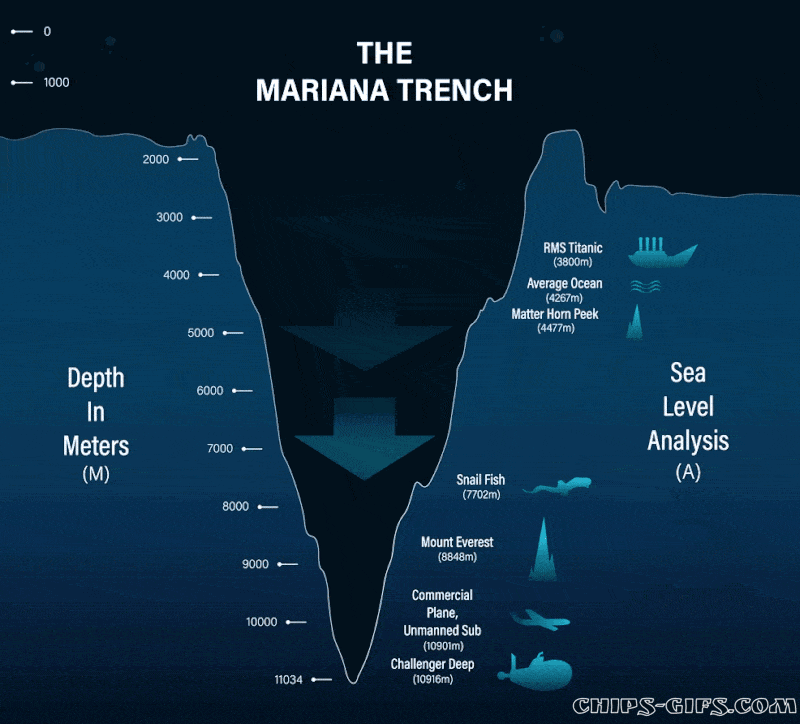 Melania Trump in a bikini standing in front of a chart of the mariana trench overlaid with a joke about renaming it fromthe Mariana Trench to the Malania Trench