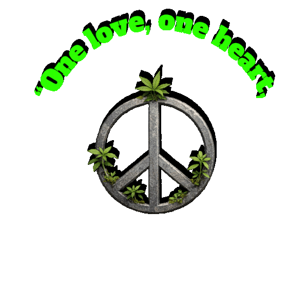 A looping animation of a circular peace‑sign design with text around the border. A smoke angel drifts in, blows a cloud of smoke, and the plain peace sign transforms into a cannabis‑bud‑covered version before looping again