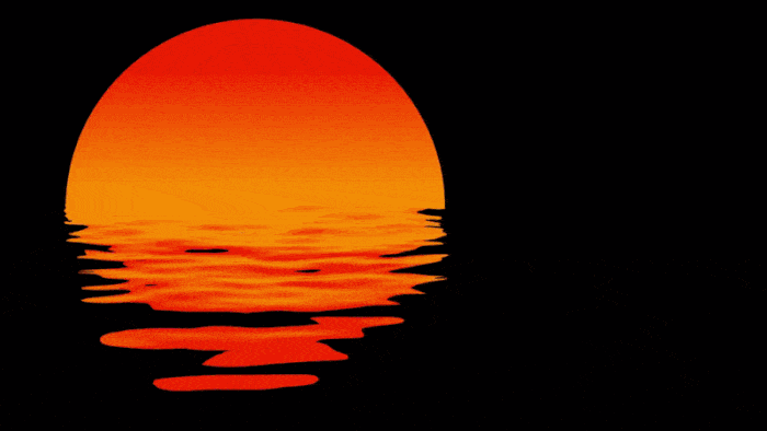 A dark background with the sunset on the water, A fishing boat comes into view As a helicopter appears above it and shoots at it. The boat explodes into pieces which are shot up buy another helicopter and Trump flies off on a rocket