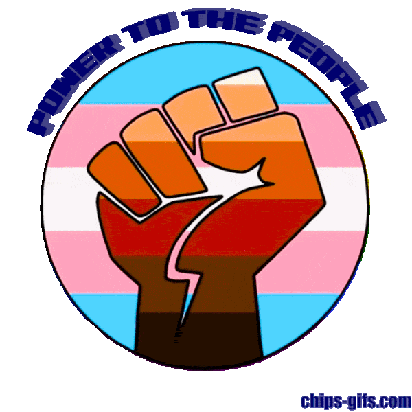  A fist pumping on a multi colored rainbow background that changes colors as the fist pumps back and forth Alternating between the round transparent to a square rainbow background with circular type saying 'power to the people' at the top and 'stronger together' at the bottom of the circle