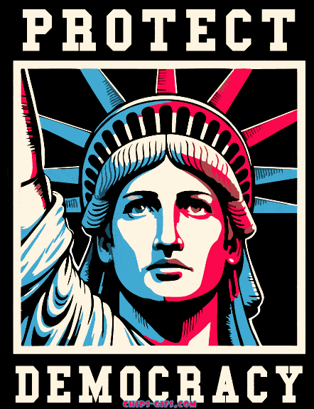  the statue of liberty highlighted In red white and blue And animated with 'protect' at the top and 'democracy' at the bottom