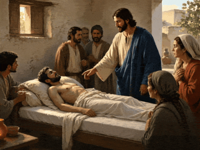  Animated GIF of the inspirational Bible verse where Jesus thanked God just before raising Lazarus From the dead - John 11:41-42 with a depiction of Jesus standing beside Lazarus in the bed As he rises up from the dead.