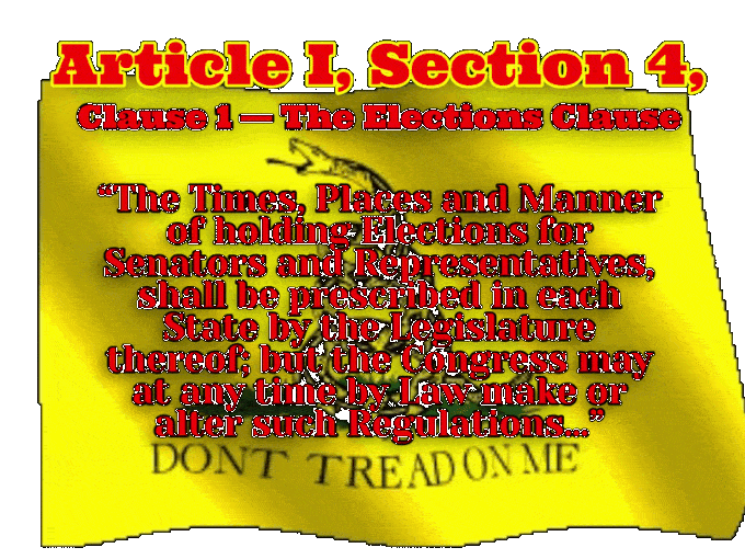 A bright yellow waving 'don't tread on me' flag in the background And the 14th amendment Flashing in the foreground