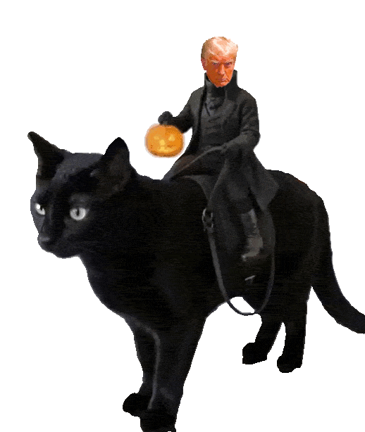  Trump dressed like the headless horseman is riding a big black cat.