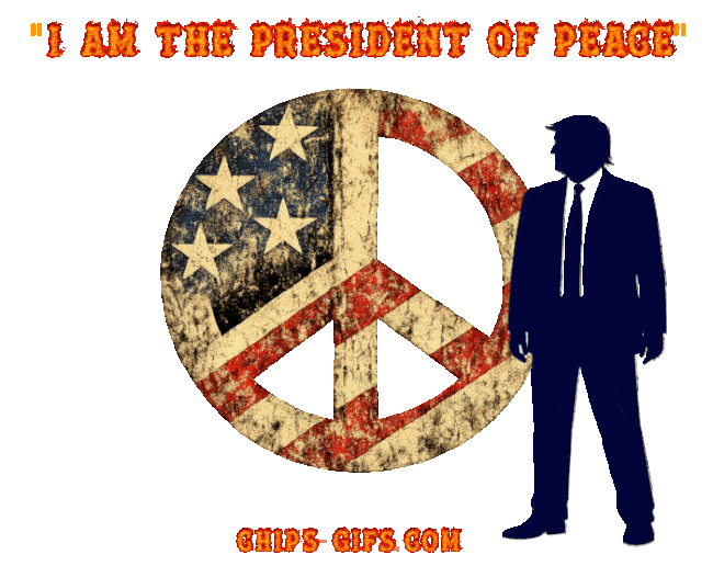 a grungy peace sign engulfed in flames with smoke rising with trumps silhouetted figure beside it cycles through shrugging, pointing, and thumbs‑up gestures, with a fiery text heading above the scene, That says 'I am the peace president' all rendered on a transparent background