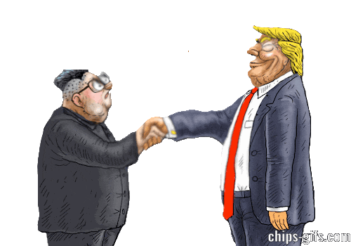 Trump and Kim Jong Un shaking hands their noses keep growimg till trump's is over kim's head as his eyes follow it