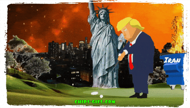  A cartoon image of Donald Trump trying to hit a golf ball on a golf course in front the Statue of Liberty and New York City there is a burning dumpster with 'IRAN' painted on it 