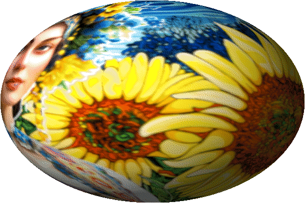 A globe GIF featuring Ukrainian scenery, with a bright sunflower field, towering sunflowers, and a Ukrainian woman wearing a yellow flower headdress, symbolizing Ukrainian heritage and resilience.