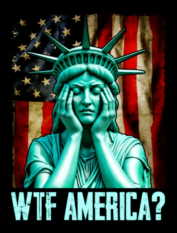  An animated sign with the statue of liberty crying With the words underneath it in bold type 'WTF America'